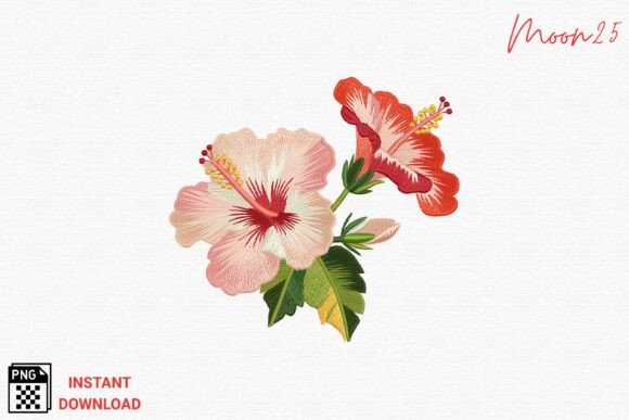 Tropical Hibiscus Embroidery Style PNG
